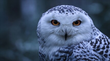 Obraz premium A majestic snowy owl gazes into the camera. The striking colors provide a beautiful contrast. This captivating image celebrates wildlife photography. Generative AI