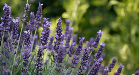Obraz premium Lavender blossoms with lush green foliage in a soft focused natural background copy space