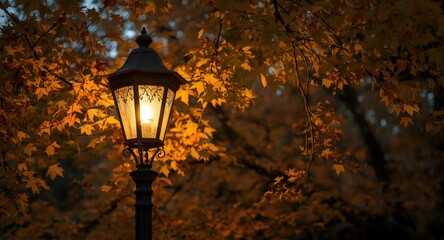 Naklejka premium Inviting vintage street lamp shining gently among golden foliage in autumn park