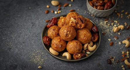 Fototapeta premium Indian laddu dessert featuring dried nuts and fruits like dates raisins almonds cashews with copy space