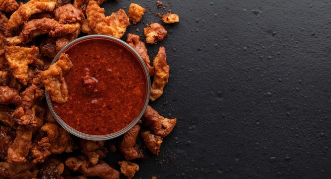 Savory Nam Prik Num chili paste paired with fried pork scratchings on black background