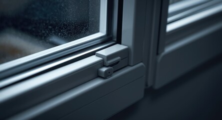Obraz premium Macro perspective of a plastic window edge featuring a strong locking device and energy saving seal
