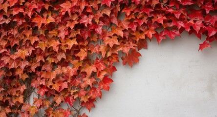 Naklejka premium Fall climbing plant with Boston ivy in red and yellow hues on wall and copy space