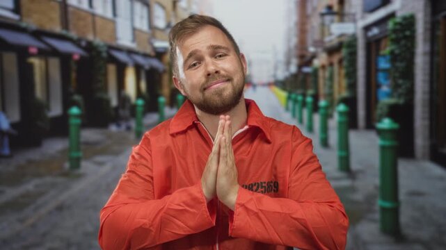 Man in orange prisoner jumpsuit with hands pressed together praying on a cobblestone street; redemption remorse.