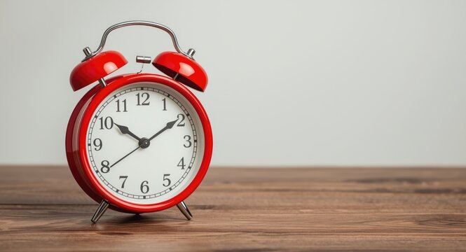 Classic red alarm clock on a wooden table surface