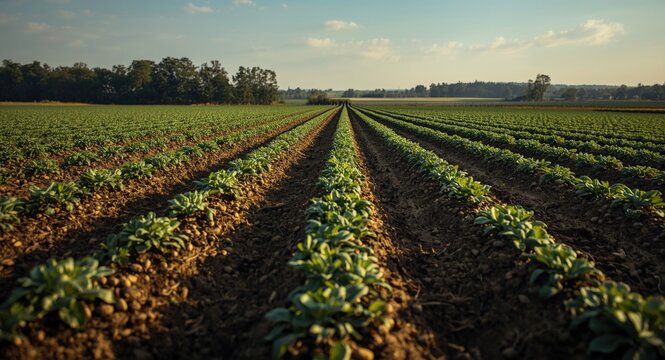 Panoramic view of organic potatoes planted extensively in a farm field