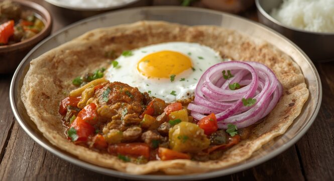 Selective Focus on Chicken Kothu Parotta Served with Egg and Mixed Veggies