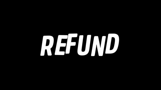 Clean white refund text animation on dark background, ideal for finance videos, customer service content, payment return concepts, and corporate presentations.