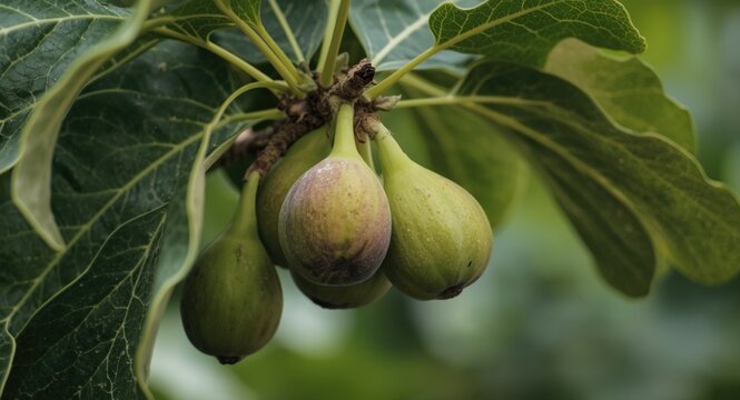 Fresh figs hanging on a leafy fig tree branch