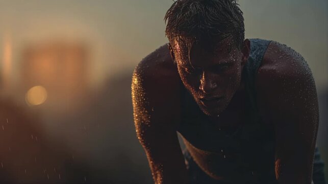 Sweaty male athlete bending forward after an intense workout at dusk, with moody light and blurred city background emphasizing exhaustion and endurance