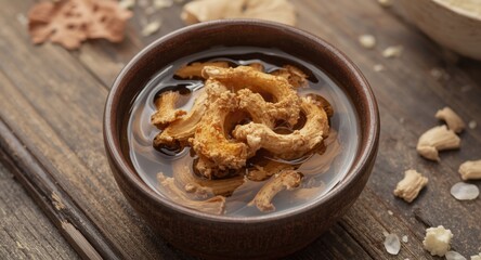 Fototapeta premium Healing dried cordyceps militaris fungus and water extract in ceramic serving bowl