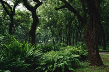 Fototapeta premium Dense oak forest with ferns and understory plants beneath a towering leafy canopy forming a cool shaded green refuge