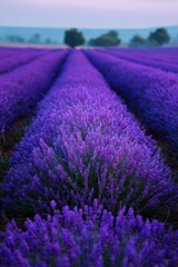 Obraz premium Lavender farm rows leading perspective endless purple carpet morning mist distant trees tranquil rural panorama