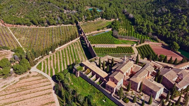 A view of a large estate with vineyards and fields. The landscape shows neat rows of grapevines and green trees under a clear sky. The scene is set in a rural area.