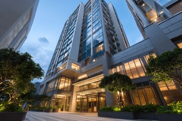 High rise luxury condominium tower glass facade illuminated lobby landscaped forecourt modern city living