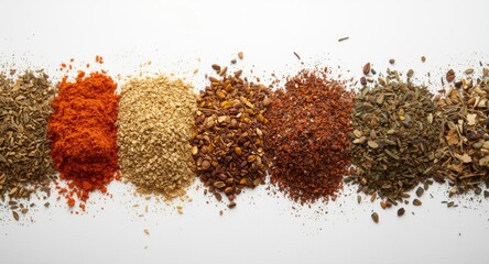 Selection of vibrant dried culinary herb and spice blends arranged linearly on white background focusing on texture © AkuAku