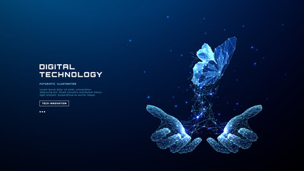 Digital butterfly emerges from open hands in low-poly wireframe style. Digital transformation concept with glowing holographic effect and futuristic neon accents. AI innovation. Vector illustration  © AntonKhrupinArt
