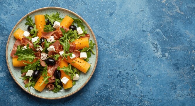 Overhead view of a fresh Mediterranean salad combining melon, bacon, olives, cheese, and arugula served on blue stone countertop in summer