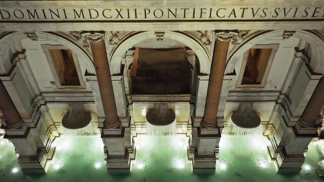 Close top-down aerial view gliding along the lit columns, niches and Latin inscription of the Fontanone fountain at night, Rome, Italy, Europe