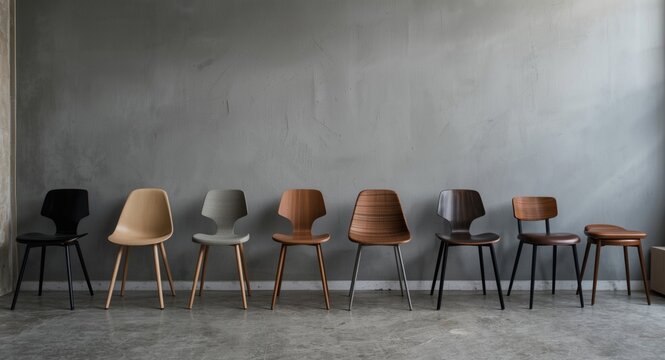 Multiple styles of chairs and stools aligned beside a smooth gray wall in loft interior setting