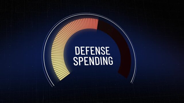 Animated gauge tracks defense spending decrease, military budget cuts impact, national security expenditure dropping, fiscal metrics falling, peace dividend, fund reallocation, copy space