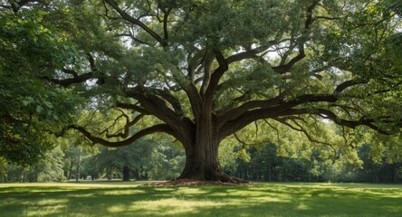 Fototapeta premium Landscape showing a grand oak tree with twisting limbs and rich foliage