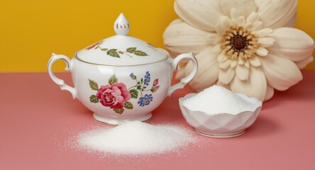 Fototapeta premium Refined porcelain sugar bowl paired with granulated sugar and floral decoration on colorful background