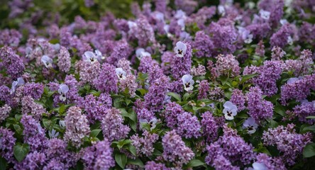 Fototapeta premium Lush spring flower bed covered with blooming lilac pansies and foliage