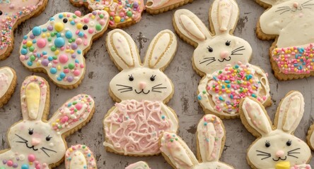 Obraz premium Festive Easter Themed Shortbread Cookies in Bunny Shapes with Colorful Toppings
