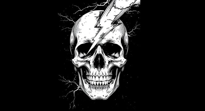 Monochrome artwork featuring a skull struck by lightning