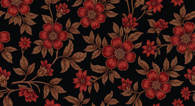 Red Flowers on Black Background with Brown Leaves