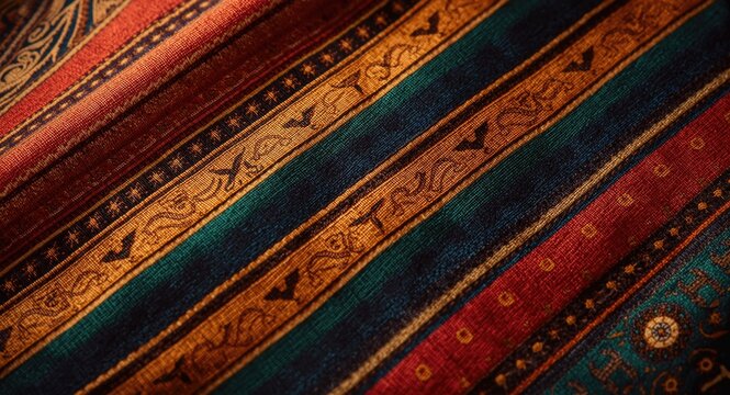 Richly colored vintage textile from the 1940s showing intricate Egyptian style headscarf pattern close up