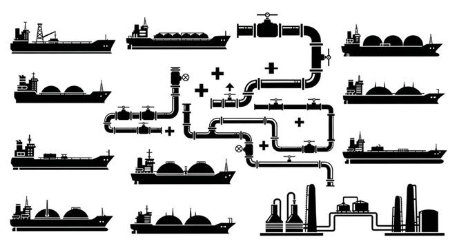Silhouette of LNG ships and industrial pipeline system.