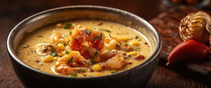 Shrimp chowder with sweet corn, creamy base, and a fiery spice