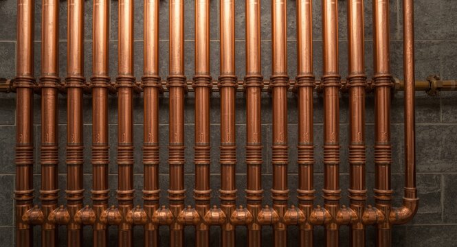 High resolution view of copper pipes managing water and heat transfer