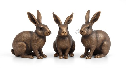 Fototapeta premium Rustic bronze and brass rabbit collectible set on plain white background