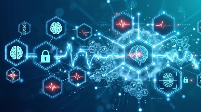 Digital brain network with biometric security and medical data icons glowing blue and red, showcasing advanced technology and healthcare innovation through connected digital health technology