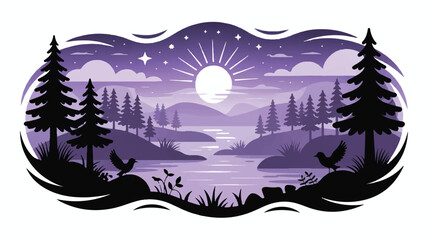 Fototapeta premium Purple twilight landscape with moon, stars, water, pine trees, and rounded hills