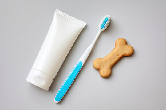 Pet dental care set with toothbrush, toothpaste tube and bone shaped treat on gray background. Concept of domestic animal oral hygiene, teeth cleaning and stomatology for dogs and cats.