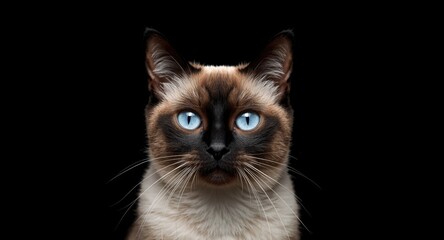 Fototapeta premium Headshot of a Siamese cat featuring sparkling blue eyes and strong dark highlights against black background