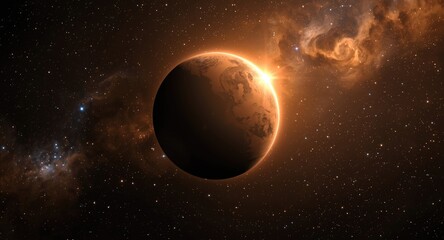 Fototapeta premium Mars bathed in sunlight among shimmering cosmic stars and swirling nebula clouds