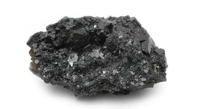 Crystal clear image of magnetite mineral stone showing metallic luster and structure on white background