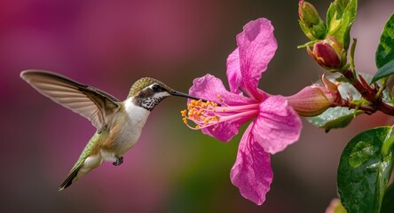 Obraz premium A joyful hummingbird feeding on nectar from a vibrant pink blossom