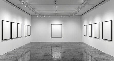 Obraz premium Open gallery environment featuring minimalist black and white decor and empty frame displays