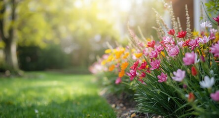 Obraz premium Lush green garden adorned with a spectrum of colorful blooming flowers
