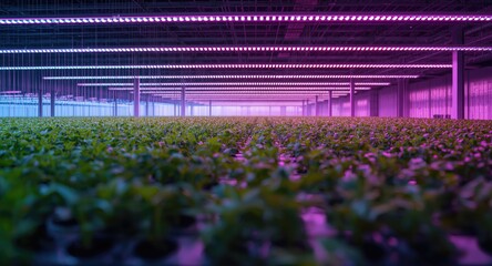 Naklejka premium Vertical indoor farm with LED lighting promoting sustainable agriculture and breakthroughs in plant vaccines copy space