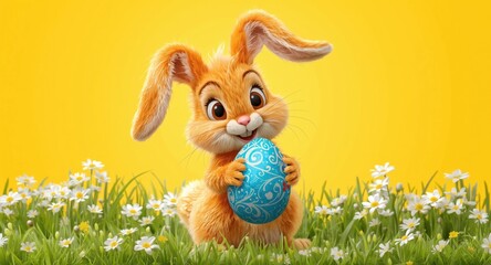 Obraz premium Playful orange bunny with a blue Easter egg on a lively yellow background depicting festive spring traditions