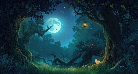 Naklejka premium Magical enchanted forest with fairytale elves and glowing stars under moonlit night