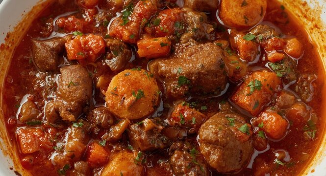 Hearty Dominican mondongo dish with slow cooked beef tripe carrots and potatoes in vibrant tomato sauce