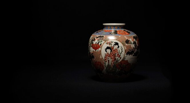 Japanese antique imari ware displayed on black backdrop with soft focus